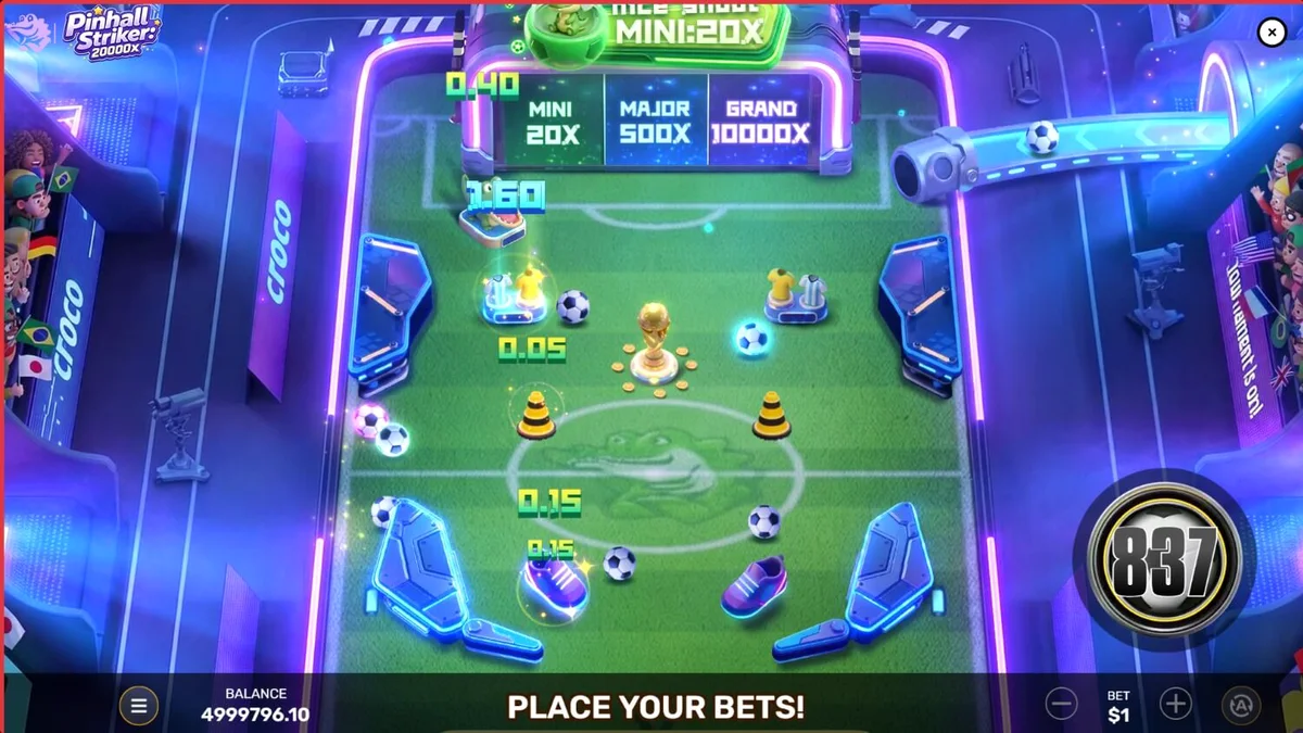 Pinball Striker 20,000x slot game interface na may neon football theme