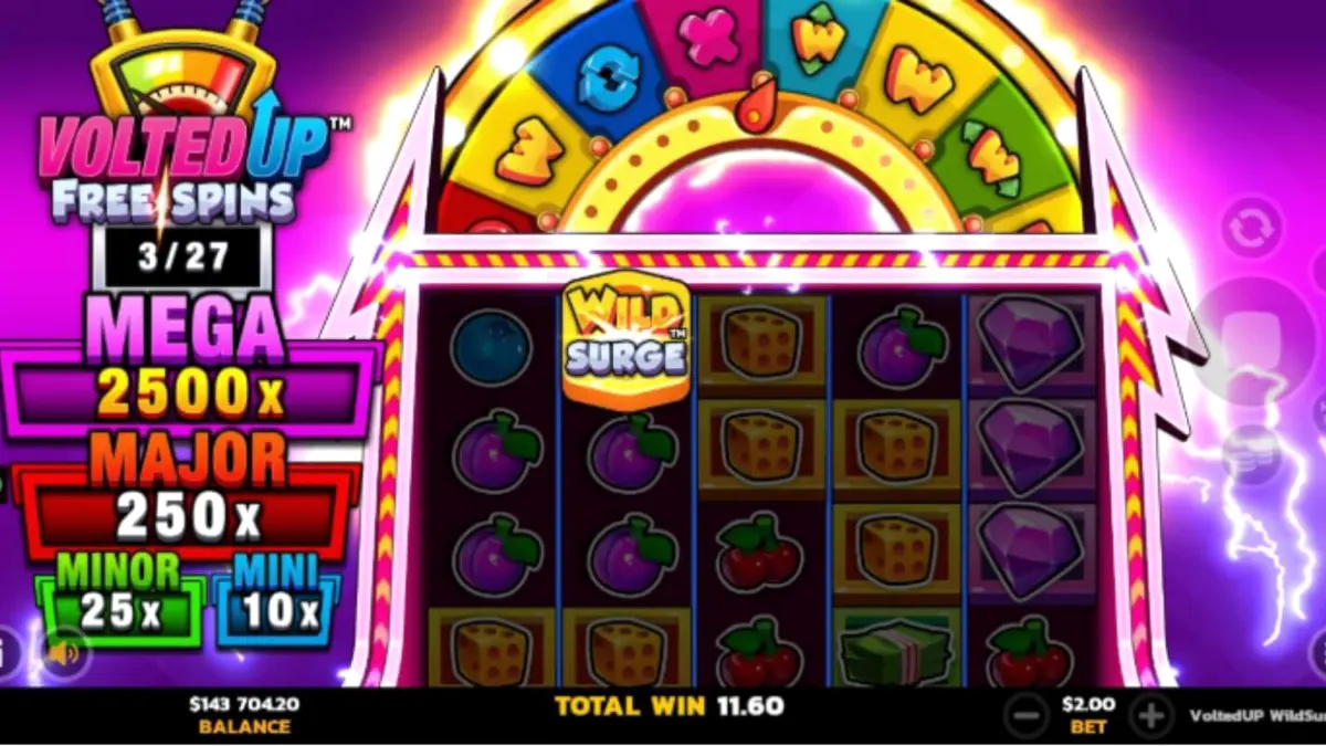 Isang makulay na neon-lit na slot machine na may temang kuryente at retro arcade.