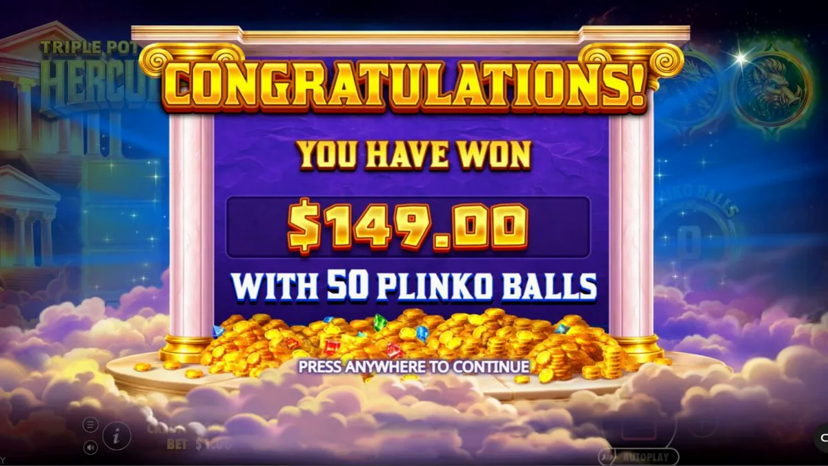 Isang visual na representasyon ng Triple Pot Plinko – Hercules slot na nagpapakita ng mga gintong kaldero at ang temang Mount Olympus.